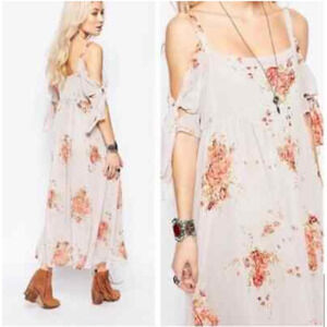 Free People Dress S Maxi Floral Flowy Tied To You Cold Shoulder Whimsical Boho